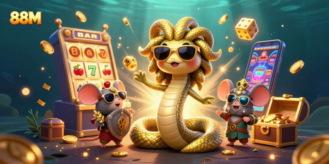 Experience the excitement of 88M with a vibrant casino scene full of jackpot symbols, Medusa, and playful elements.