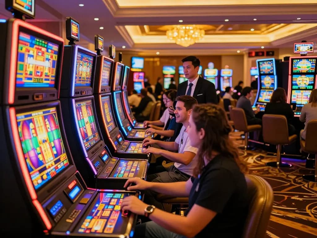 Players experiencing the excitement of fly88 slot machines with vibrant, spinning reels
