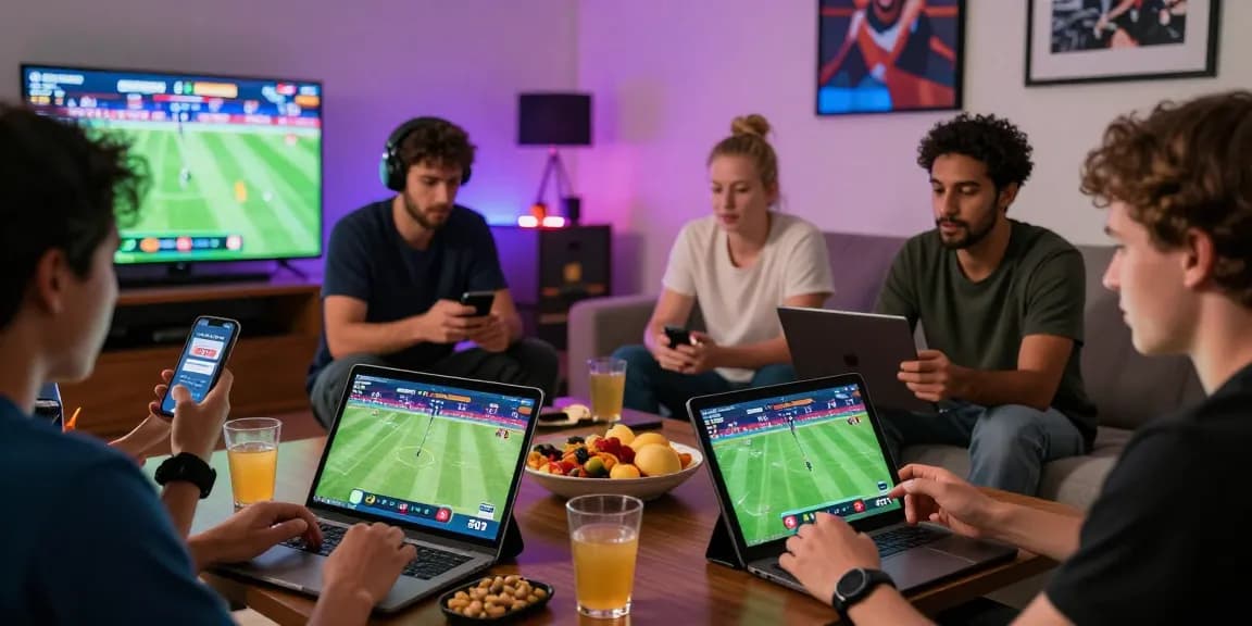 OPEN88 users engaging in online sports betting in a lively home setting.