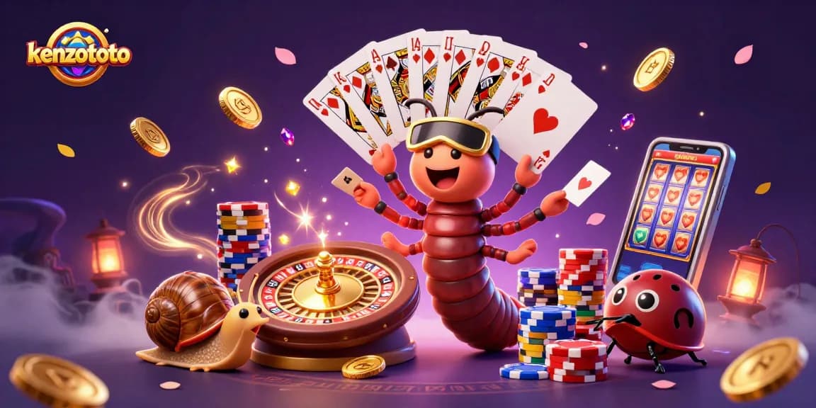 Experience thrilling wins with kenzototo, featuring a vibrant 3D illustration of a lively casino atmosphere.