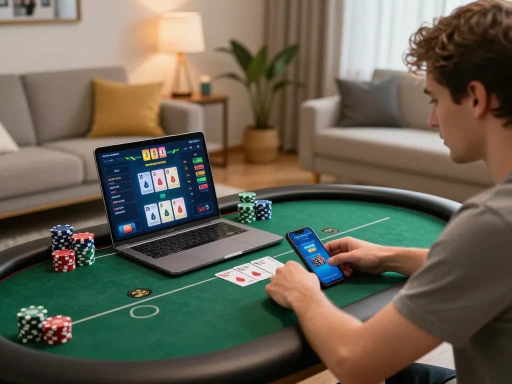 Engaged player strategizing while playing pokerseri online on laptop and smartphone at home.