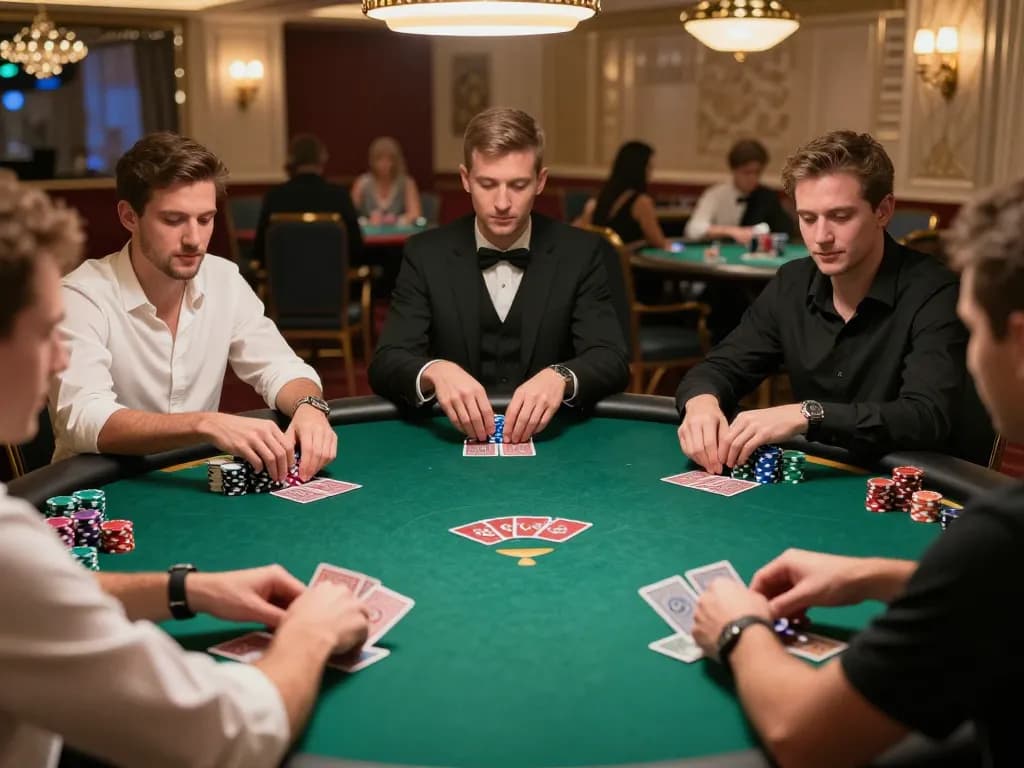Players strategizing with cards and chips at a luxurious NK88 poker table, showcasing an immersive gaming atmosphere.
