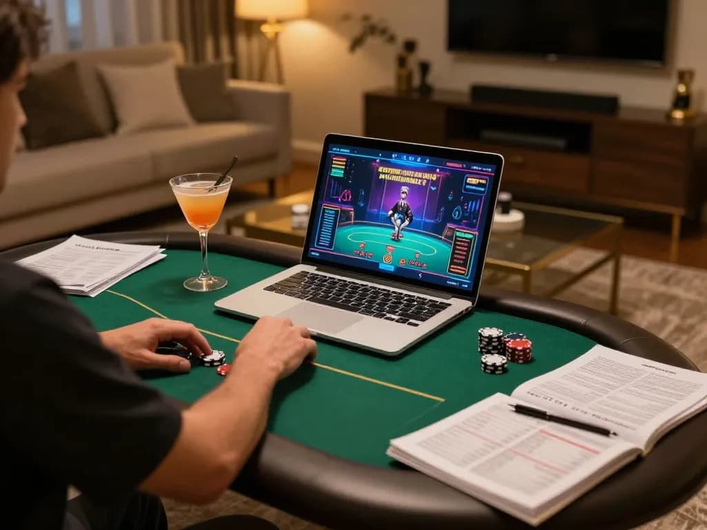 Engaging with Go88 poker game on a stylish laptop in a cozy living room setup