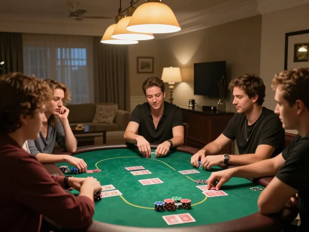 Hello88 poker players strategizing in a friendly home game setup with bright lighting and warm atmosphere.