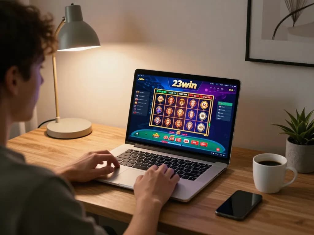 Engaging in online slots at 23win, with a vibrant gaming interface and cozy home setup