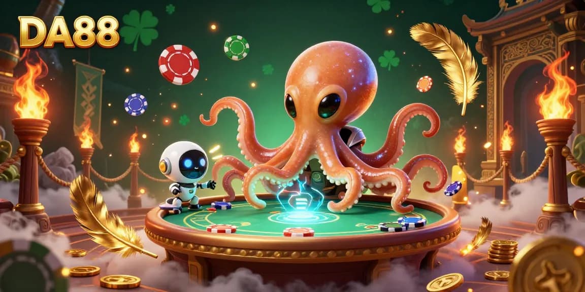 DA88 alien octopus playing holographic poker with gold coins and embers swirling, creating an exciting casino atmosphere.