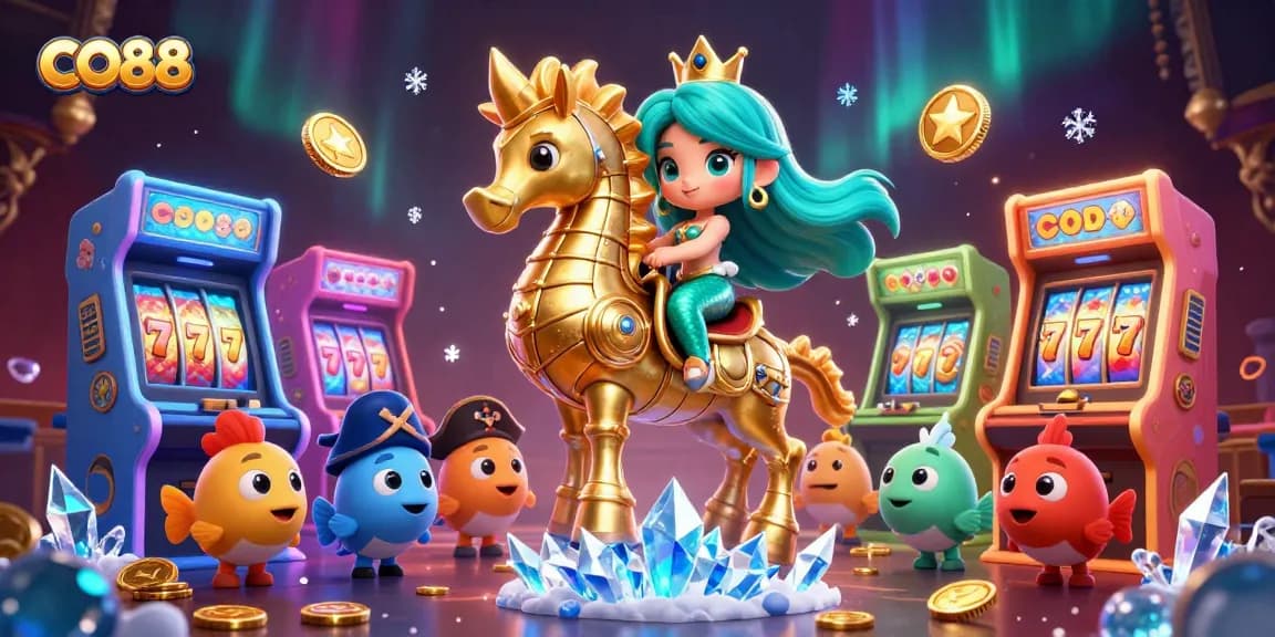Experience gaming excitement with the CO88 mermaid princess in a vibrant casino scene filled with colorful arcade machines and jackpot elements.