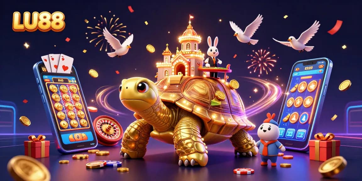 Experience LU88's vibrant casino atmosphere with a golden tortoise and rabbit dealer amidst festive gaming elements.
