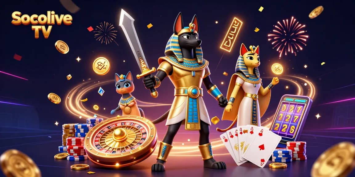 Socolive TV provides an enchanting view of a 3D Egyptian warrior and cat amid cascading coins and a spinning roulette wheel.