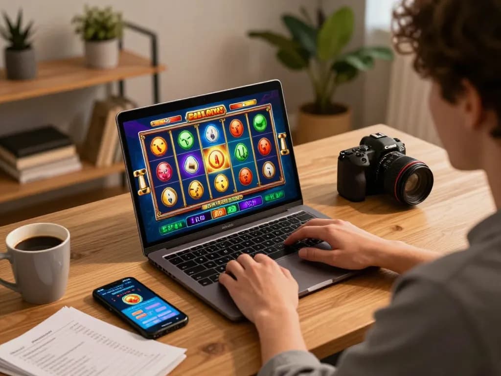 MPOID player engaged in dynamic online slot gameplay at home, tracking bankroll strategy.