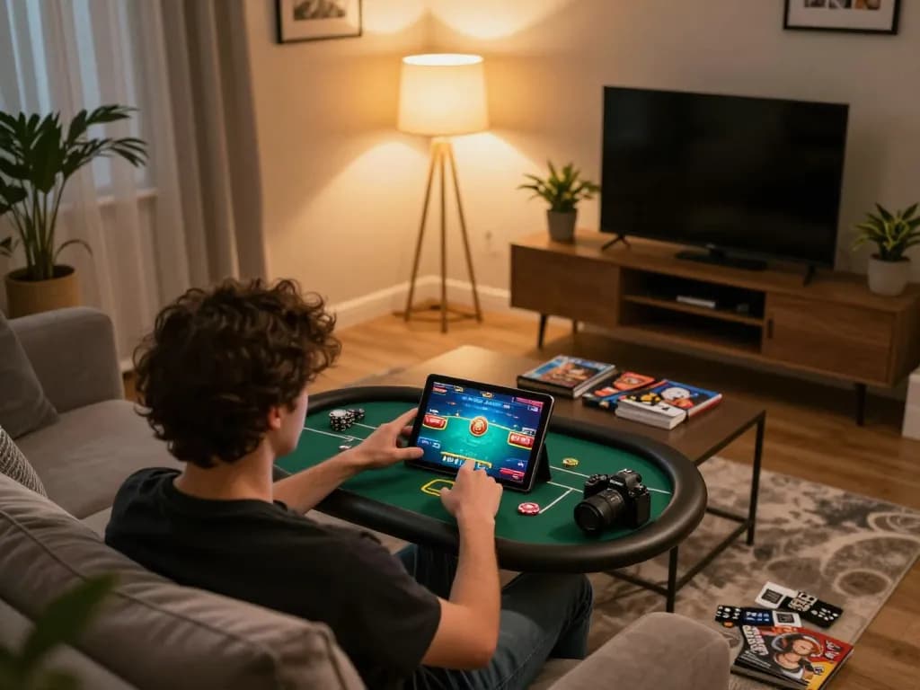 Engaging online poker gameplay with Sunwin on a tablet in a cozy living room