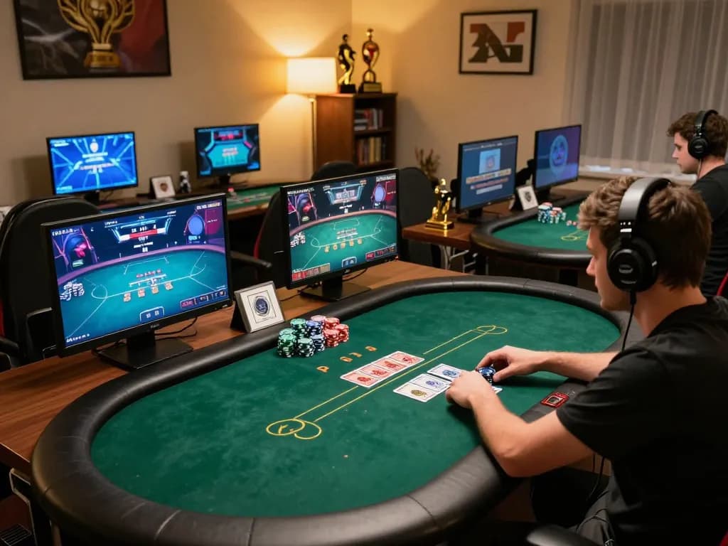 MM88 player strategizing in an advanced online poker setup, surrounded by vibrant gaming screens.