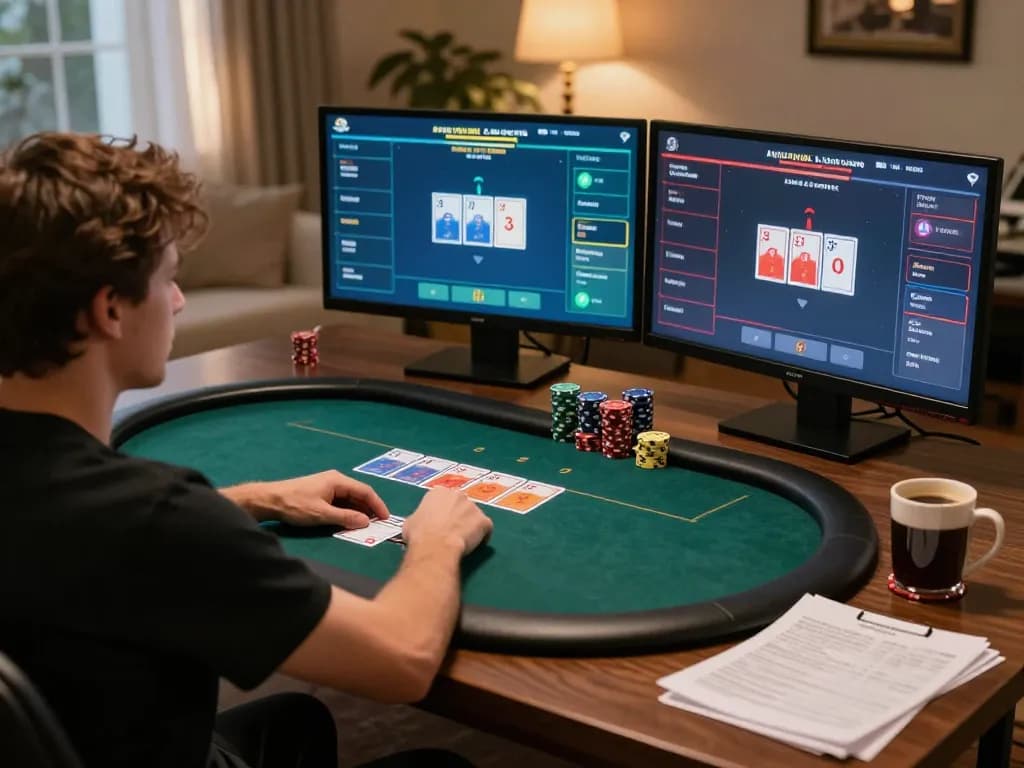 Compete in online poker at 77WIN while managing strategies and bets at home