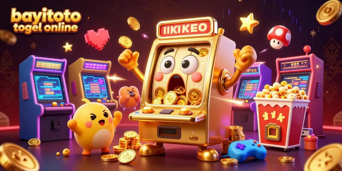 Experience the excitement of bayitoto togel online with a golden slot machine celebrating its jackpot surrounded by cheerful companions.