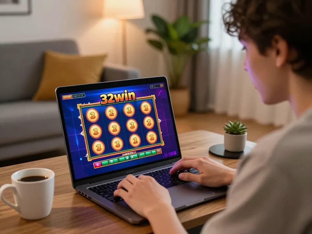 Player enjoying the 32win casino experience on a laptop in a cozy living room.