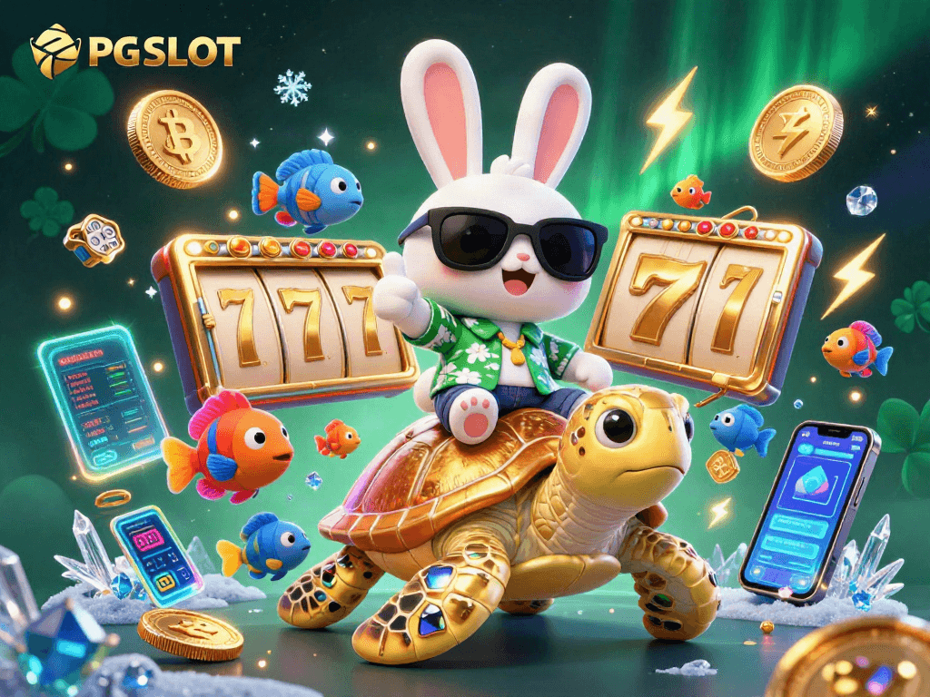 Spin to win with PG SLOT featuring a lucky rabbit and sea turtle amidst vibrant slot reels and crypto elements