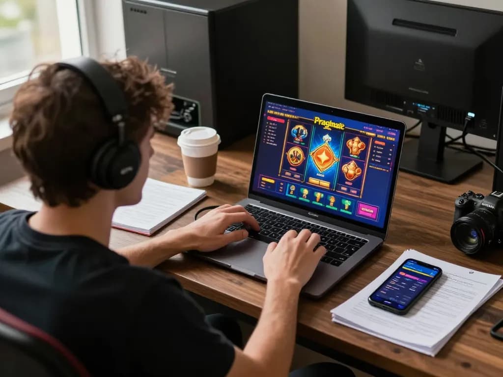 Engaged player exploring Pragmatic Slot game interface on a laptop while managing bets.