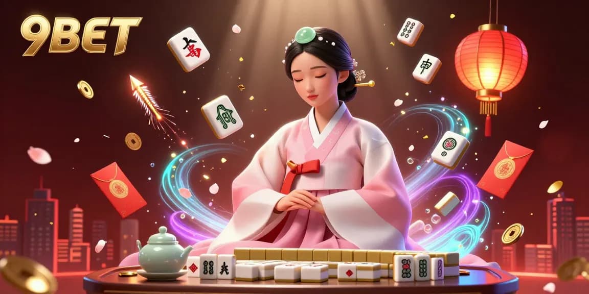 Experience the elegance of 9BET as the serene Asian woman interacts with mahjong tiles in a vibrant casino scene.
