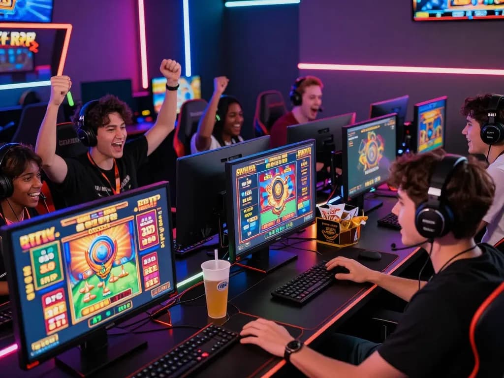 Exciting Zeus138 online gaming session with diverse players celebrating wins in a vibrant setup.