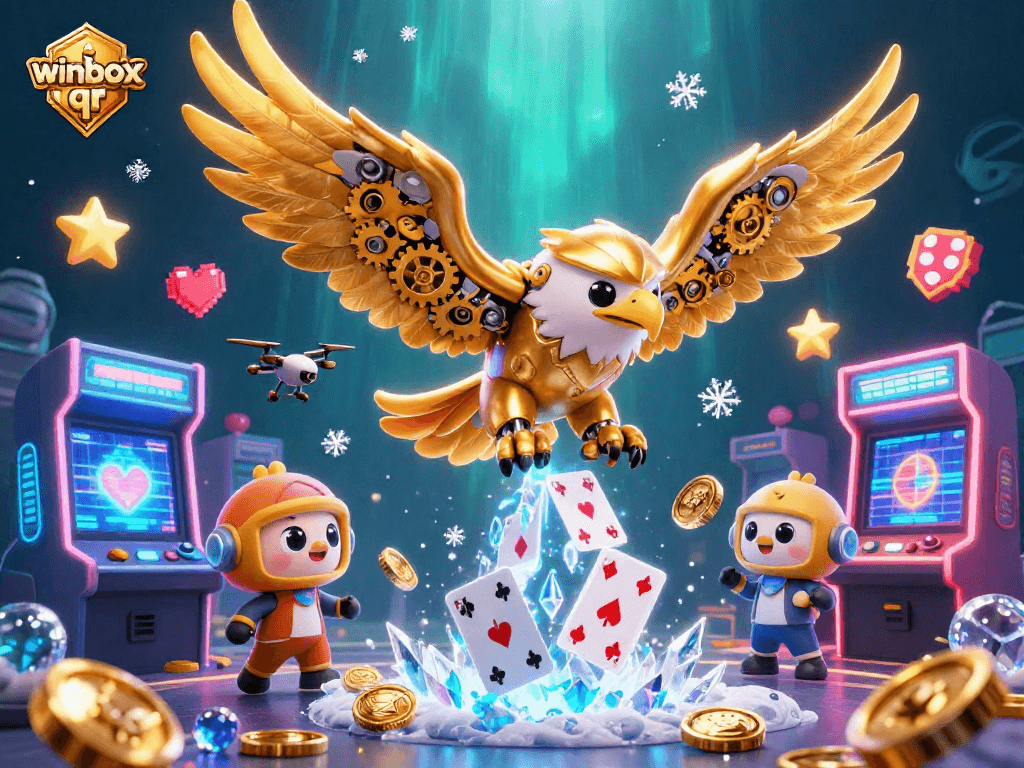 Engage with the thrilling winbox qr experience featuring a cybernetic golden eagle amidst a cascade of holographic playing cards.