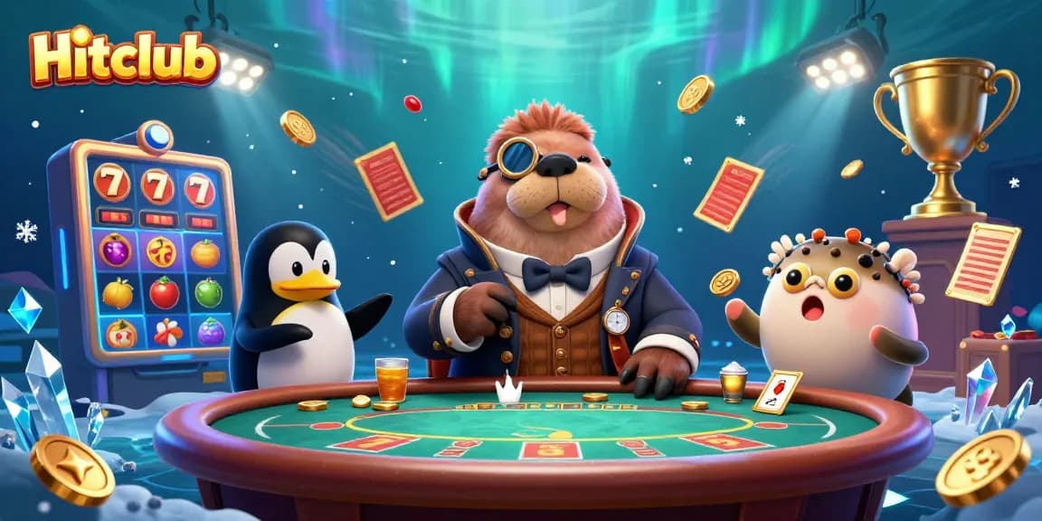 Play at Hitclub with a jolly walrus in a Victorian outfit at a lively underwater poker table.