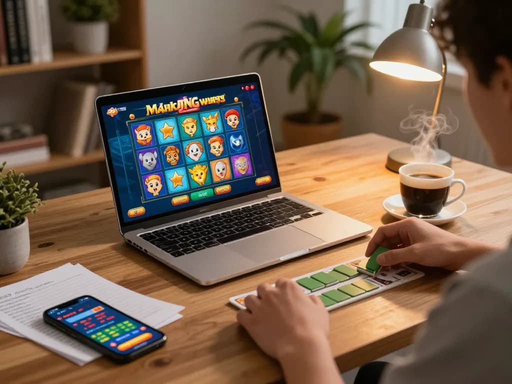 Situs Tempo123 showing engaging online slot gameplay, user enjoying Mahjong Ways at home.