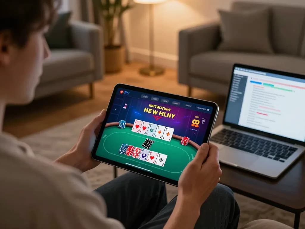 Playing mpo sport online poker at home in a stylish living room