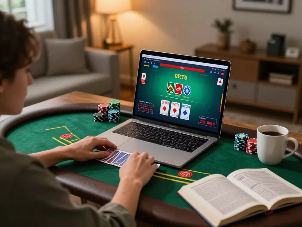 Enjoying a blackjack game on rik 88’s online platform with laptop at home, strategic gameplay, cozy lighting.