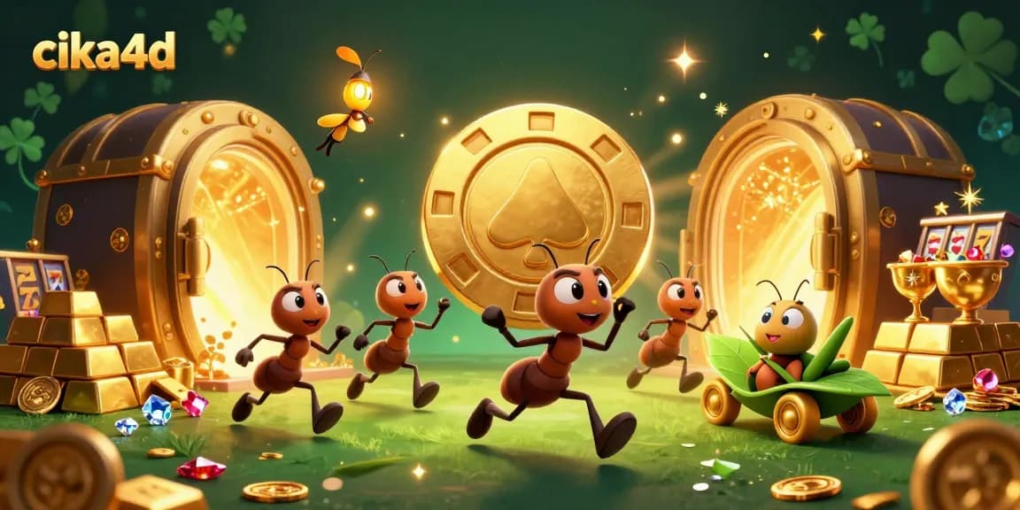 Engage with cika4d through cartoon ants carrying a colossal poker chip in a vibrant casino heist scene.