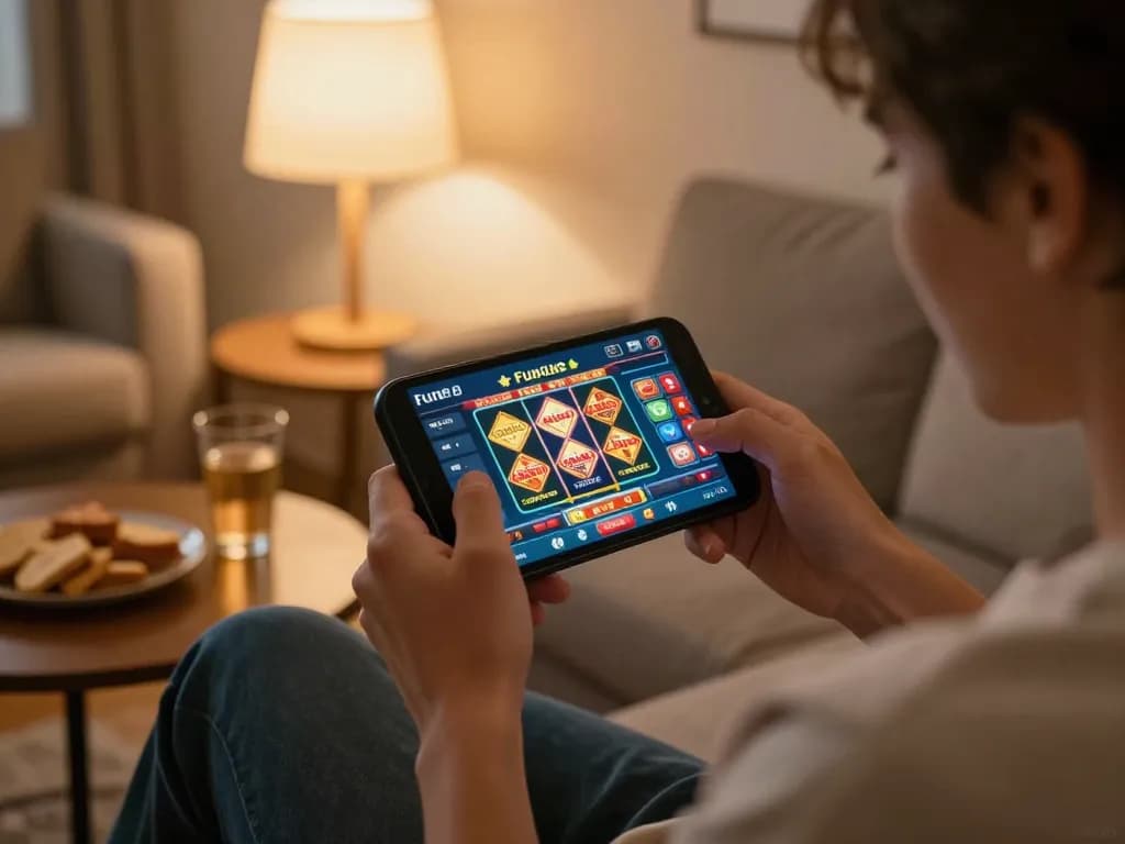 Engaging in online gaming with Fun88 on mobile device in a cozy home setting