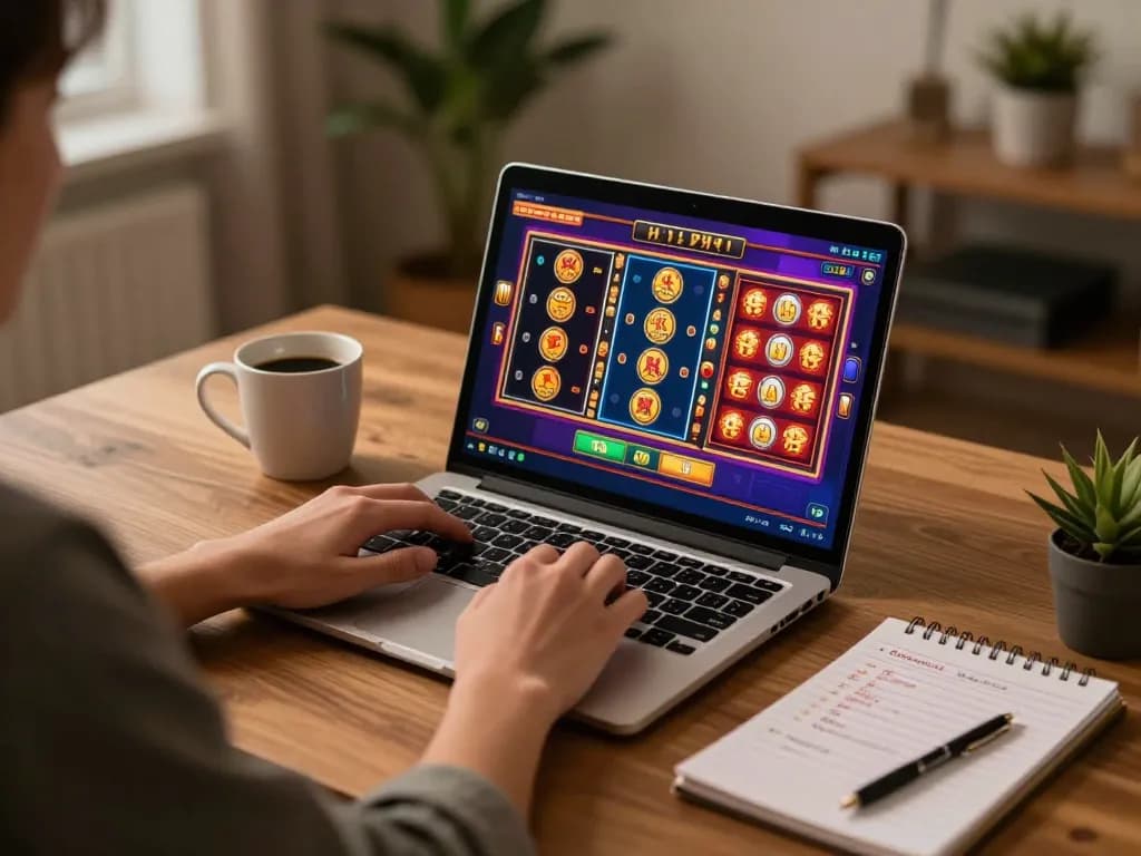 Engaging scene of a person using laptop for online casino gaming, showcasing how to link vào in a vibrant gaming environment.