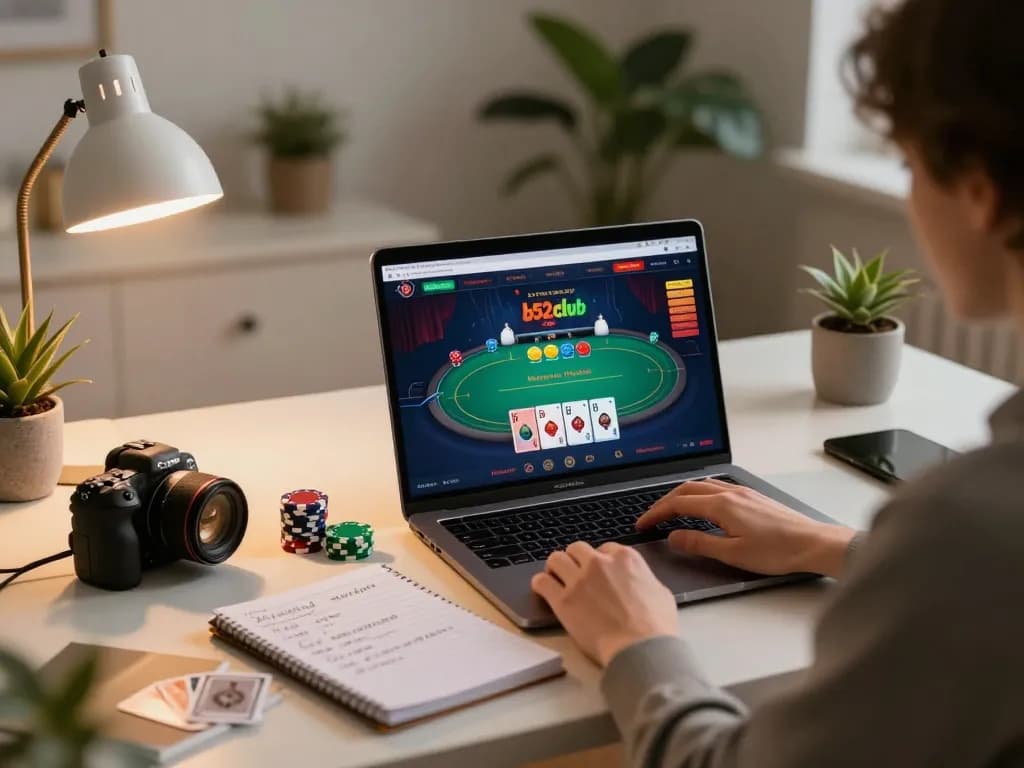 B52club player engaging in online poker with detailed strategy notes by a warm-lit home desk