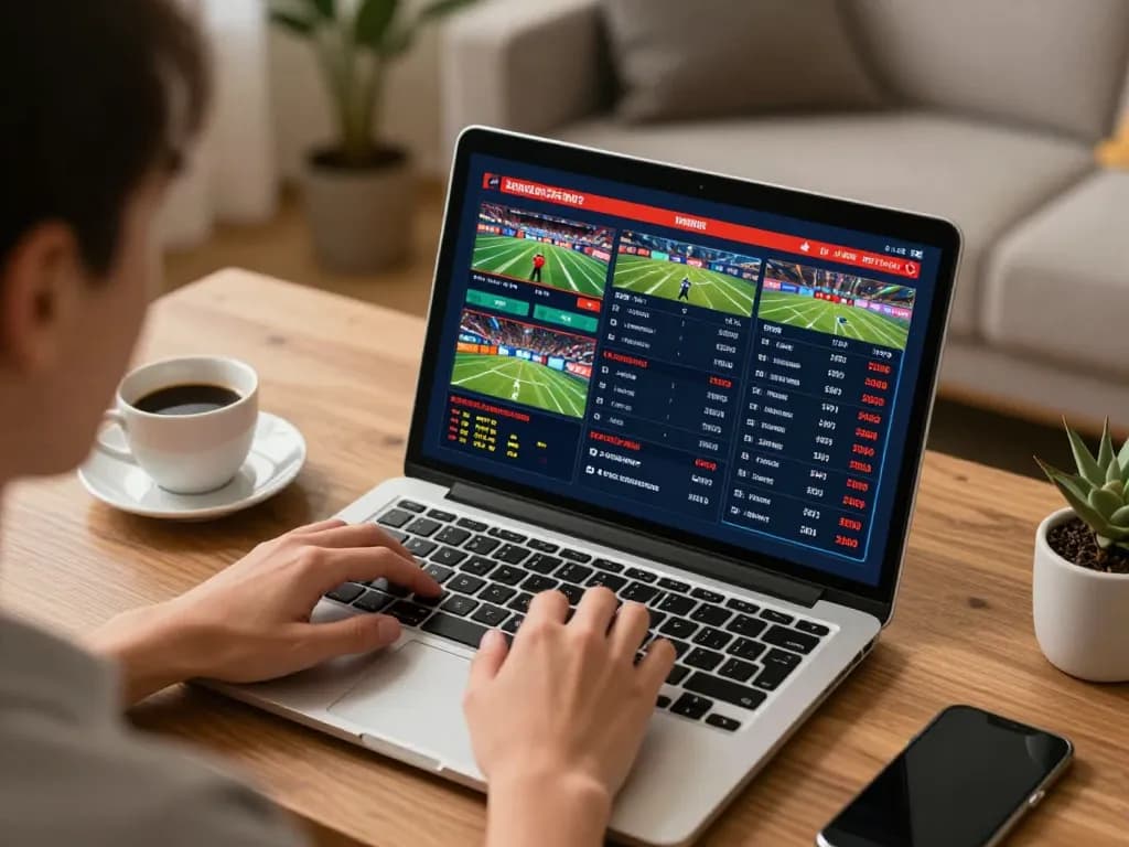 Pengguna Bintangmpo merencanakan taruhan di laptop di lingkungan rumah yang nyaman, menunjukkan suasana perjudian online.