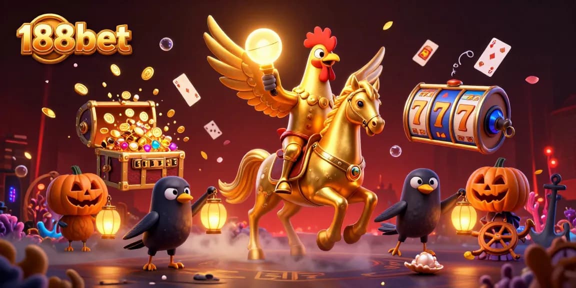 Experience the thrilling atmosphere of 188bet with a golden rooster and dynamic casino elements in this vibrant scene.