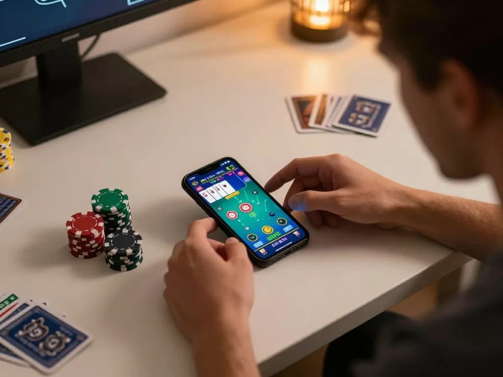 PERI11 mobile player immersed in online poker strategy on smartphone, focusing on winning techniques.