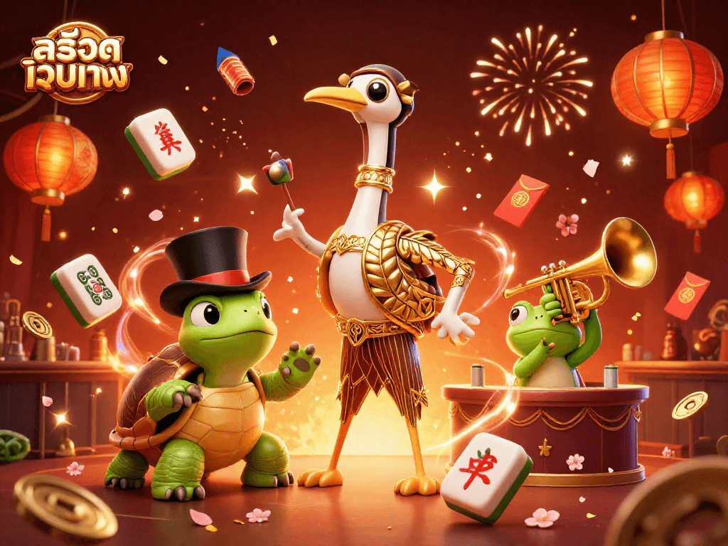 Experience สล็อตเว็บตรง action with vibrant characters and dynamic casino elements in a festive digital scene.