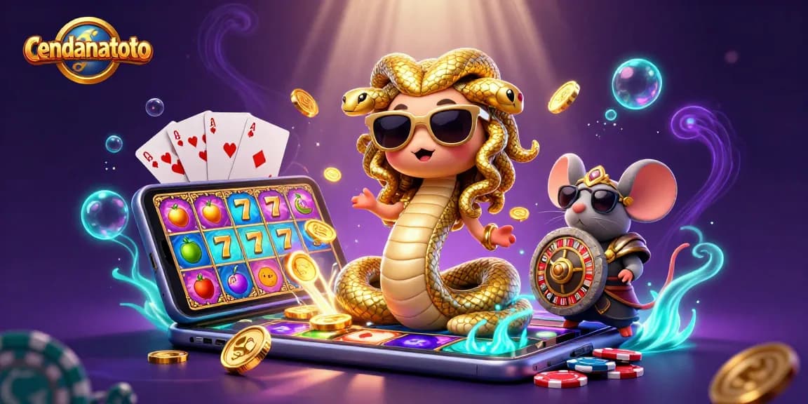 Engage in fun gaming adventures with cendanatoto in a vibrant 3D casino illustration.