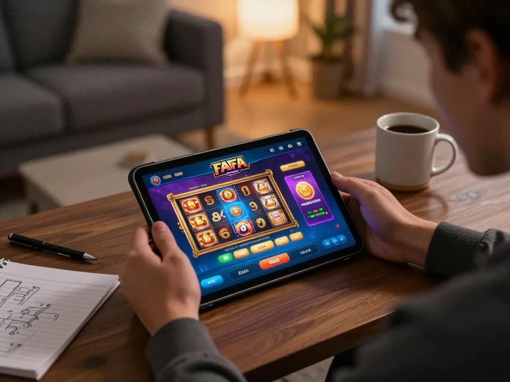 Player engaging with the FAFA 828 app on a tablet, showcasing online casino gameplay strategy