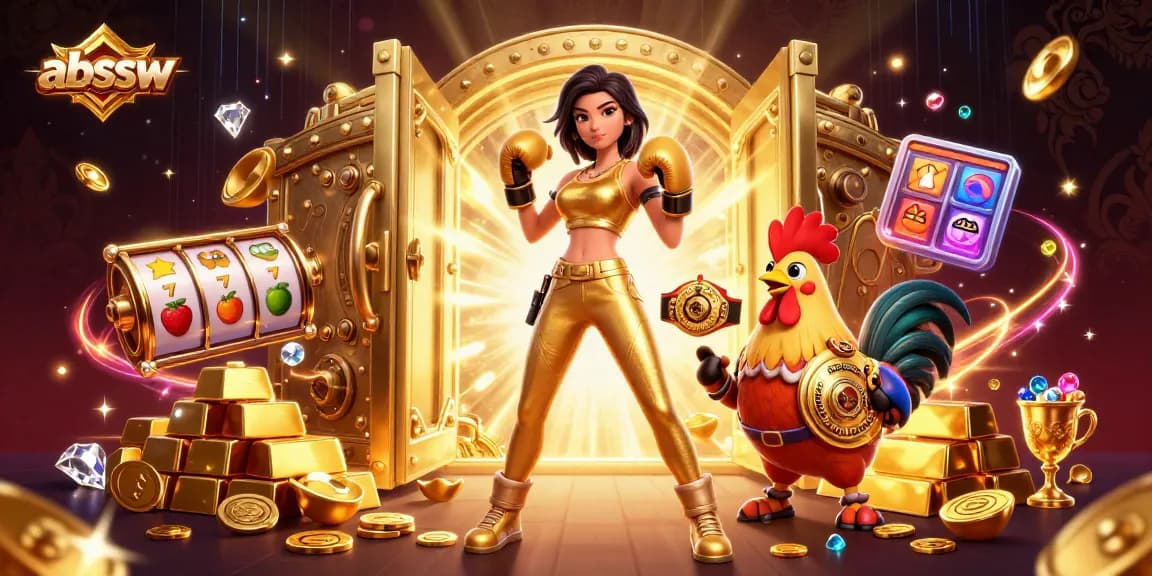 Experience big wins at abssw with exciting slots, gold, and casino treasures in this captivating illustration.