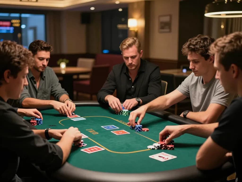 Active players in a poker game at a stylish lounge with mantra88 strategy in play.