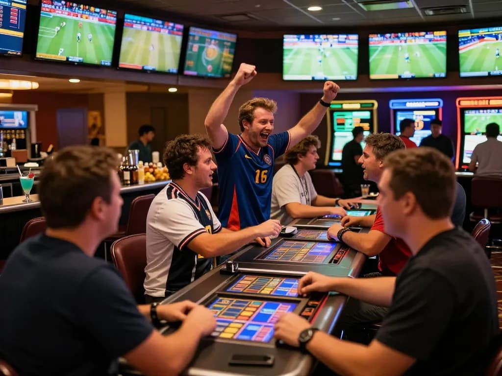 Gamblers placing bets at a lively sports betting area in a vibrant casino environment featuring tic 88 screens.
