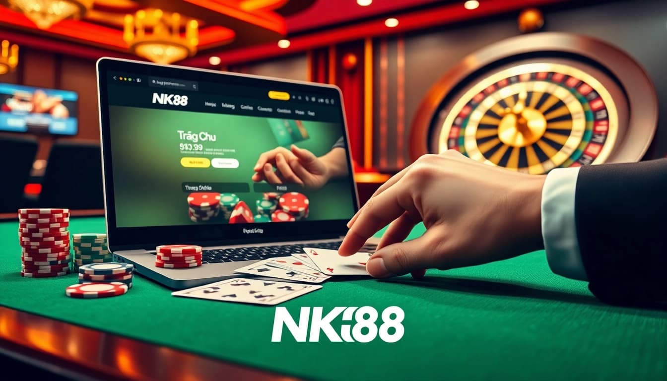 Strategic betting on the trang chủ NK88 with colorful poker chips and roulette wheel highlighting premium casino gameplay