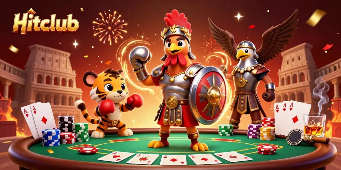 Engage in thrilling poker adventures at Hitclub with our dynamic gaming illustration featuring vibrant characters and game elements.