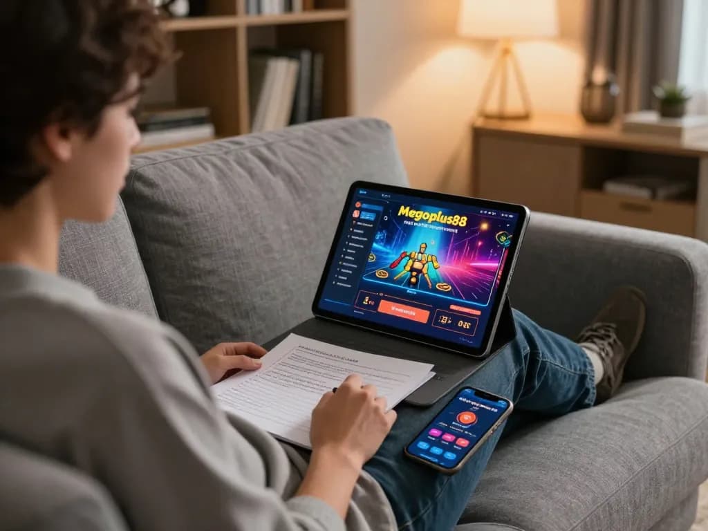 Engaging gaming experience on megaplus88 tablet, showcasing strategic online gambling setup