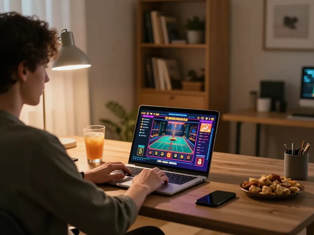 Engaging in online casino gaming at https://www.dacsandatphanrang.com/, showcasing a cozy home setup with laptop and snacks.