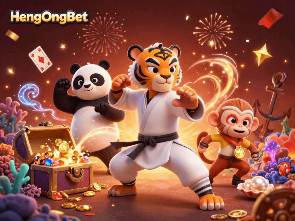 Engaging HengOngBet scene with kung fu characters and underwater casino treasures.