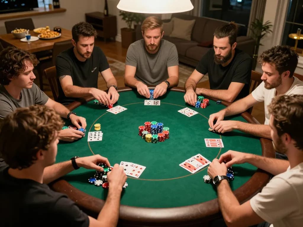 Taya777app players immersed in a social poker game around a vibrant table filled with chips and cards