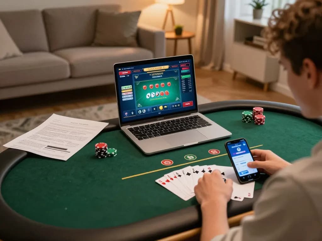 Engaging online poker gameplay with IDCASH88 app on laptop, showcasing strategic betting.