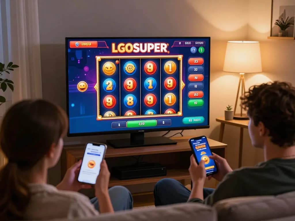 Players enjoying LGOSUPER slot games on mobile devices in a cozy, vibrant home setting.