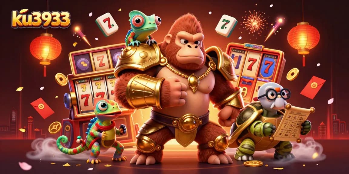 ku3933 explores vibrant casino action with a king gorilla, chameleon, and tortoise in festive settings.